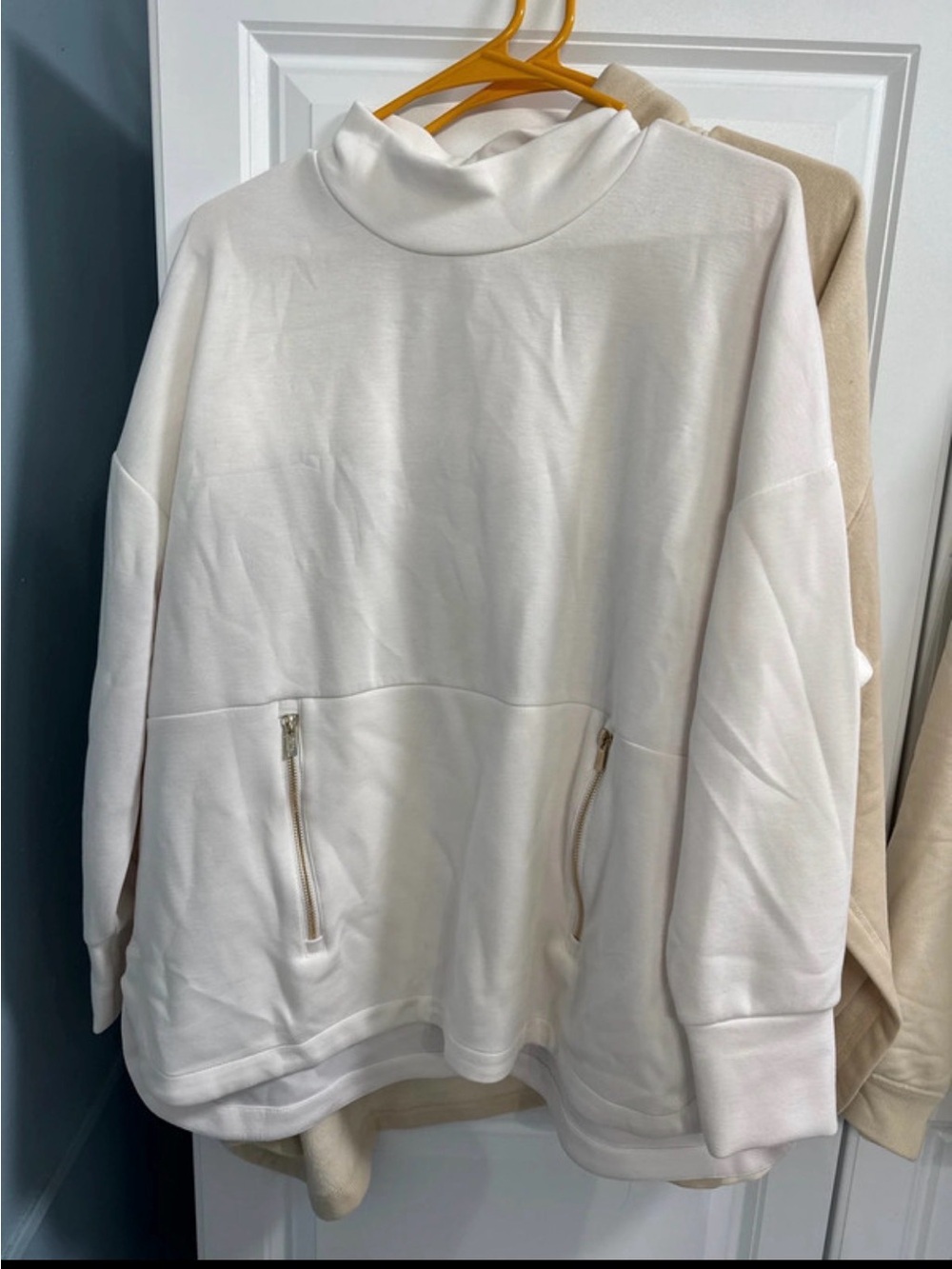 Tahari Cream Cowl-Neck Zip-Pocket Pullover